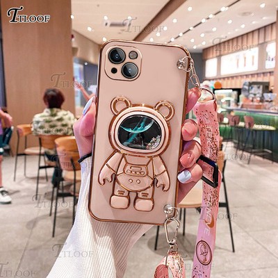 For Infinix VIVO Motorola Crossbody Strap Quicksand Space Bear Holder Phone Case