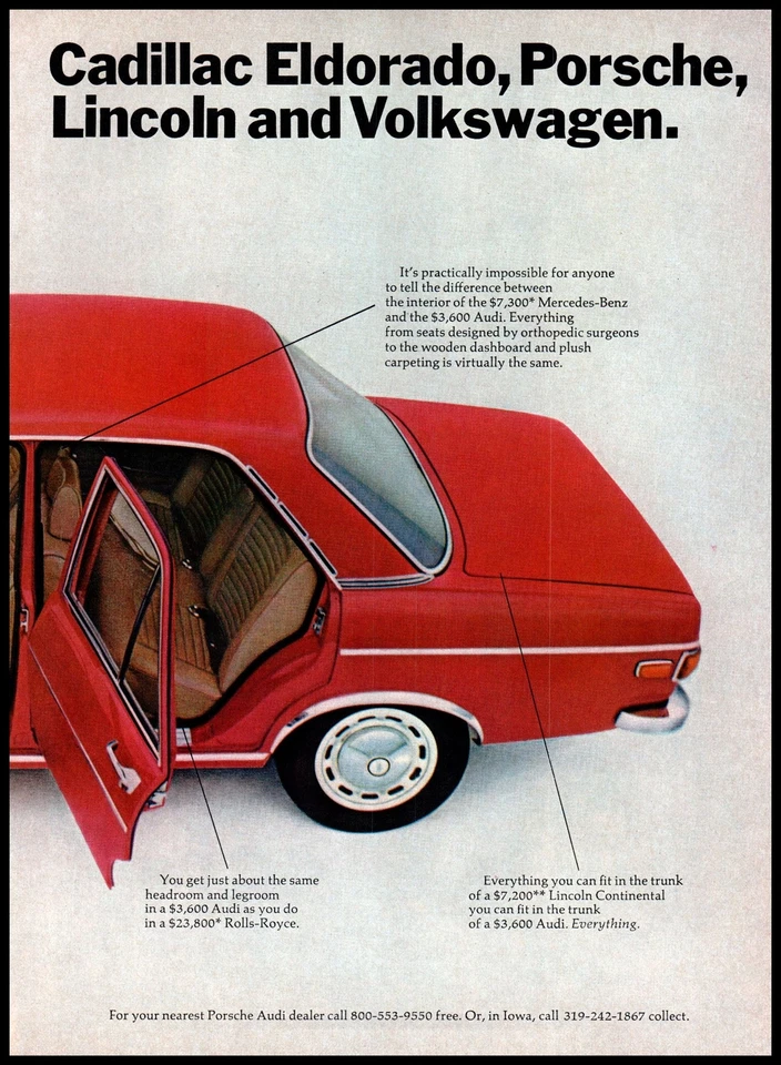 Audi 100 GL 1971 sedán vintage anuncio impreso rojo clásico alemán coche hombre arte de pared cueva Foto 3 de 3