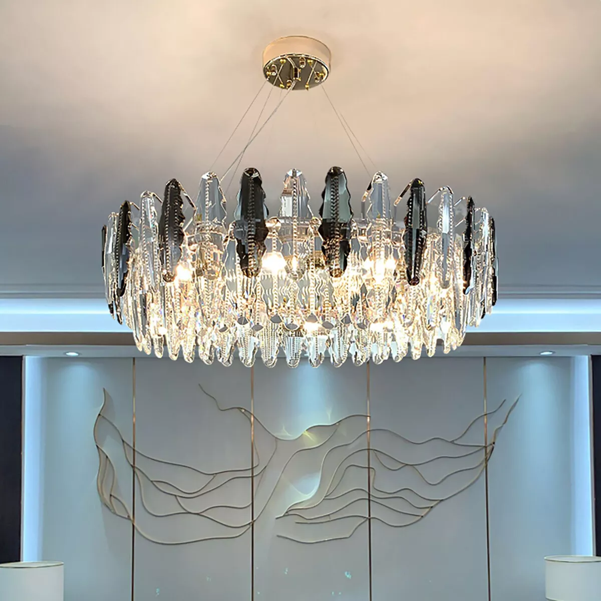 WDW Genuine Crystal Chandelier Smoky Grey Clear Golden Metal Postmodern