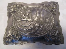 Vintage Metal Trinket Box Casket Footed repoussé Spanish Lady 5"W 1950s Japan