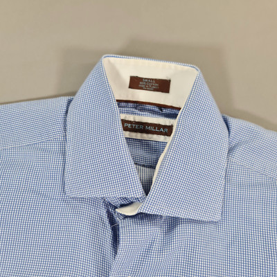 Peter Millar Herren Hemd blau klein kariert 100% Baumwolle Knopfleiste Cutaway