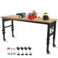72"Rolling Adjustable Heavy Duty Workbench with Rubber Wood Top Working