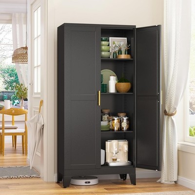 Metal Storage Cabinet 2 Doors 3 Adjustable Shelves Kitchen Pantry Laundry Room