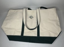 Vintage LL BEAN Boat Tote Large Wide Natural Canvas Bag w/ Green Trim