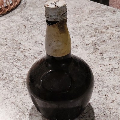 Black Glass Liquor Bottle w/ Cap, Japanese Text on Cap, Base Marked YT 18