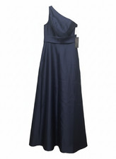 Alfred Sung Dress Women's 6 Midnight Blue One Shoulder Satin Pocketed NEW