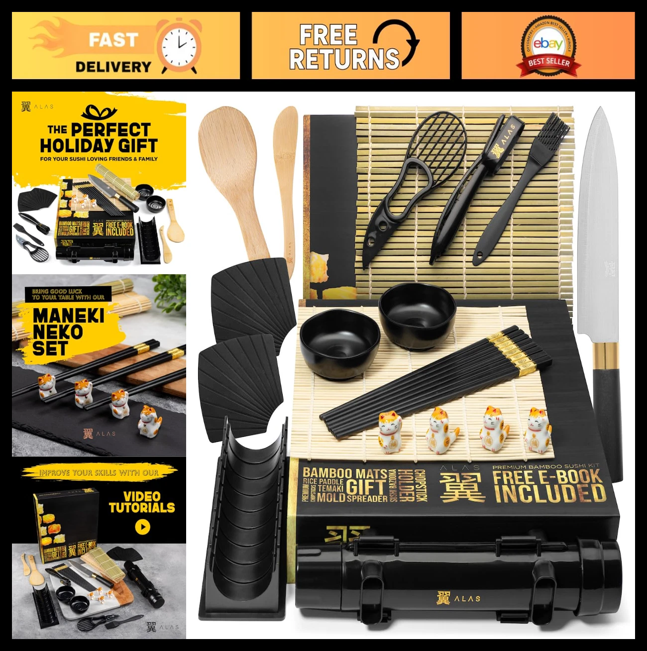 Complete Sushi Making Kit for Beginners & Pros - Sushi Knife, Mats, Rice Bazooka