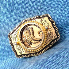 Western Boots Belt Buckle Cowboy Scroll Flourish Cowgirl Vtg 80s USA   .DBD576