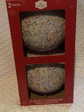 2-Count White Glitter Jumbo Christmas Shatterproof Ornaments with Colorful Beads