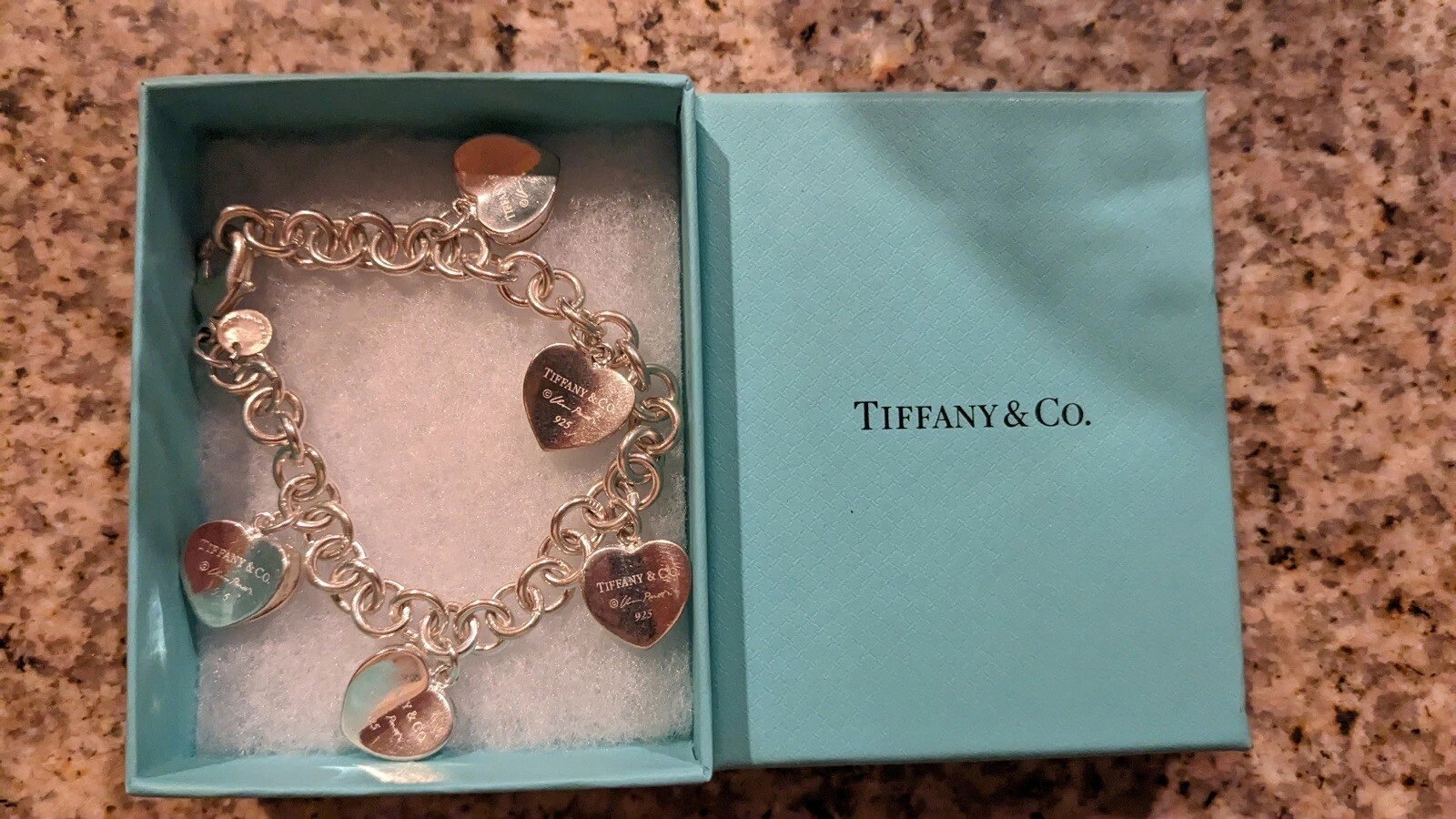 Tiffany & Co. Elsa Peretti rare 5 Hearts dangle Chain Bracelet 925 Sterling