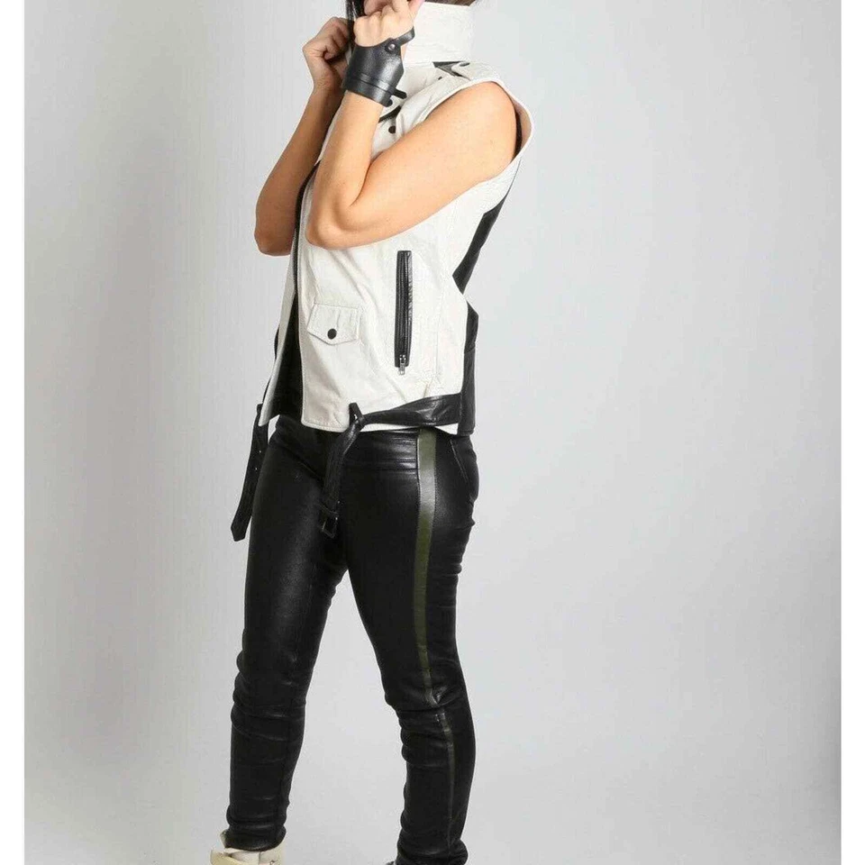 Chaleco sin mangas BLK DNM de cuero blanco roto negro motociclista moto talla XS Foto 4 de 4