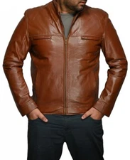 New Men Bomber Leather Biker Genuine Lambskin Brown Leather Jacket XS-2XL FB74