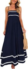 Womens NavyMaxi Dress With White Trim Spaghetti Straps Elastic Shirred Back Slee