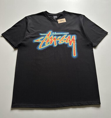 Stussy Thermal Stock Logo Graphic T Shirt Men's Large Black New