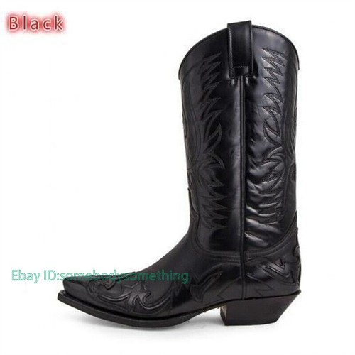 Retro Mens Cowboy Exotic Embroidered Shoes Western Boot Broad Pointed Toe Mexico - Picture 8 of 14