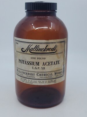 Vintage Mallinckrodt Potassium Acetate Empty Amber Glass Large Glass Med Jar