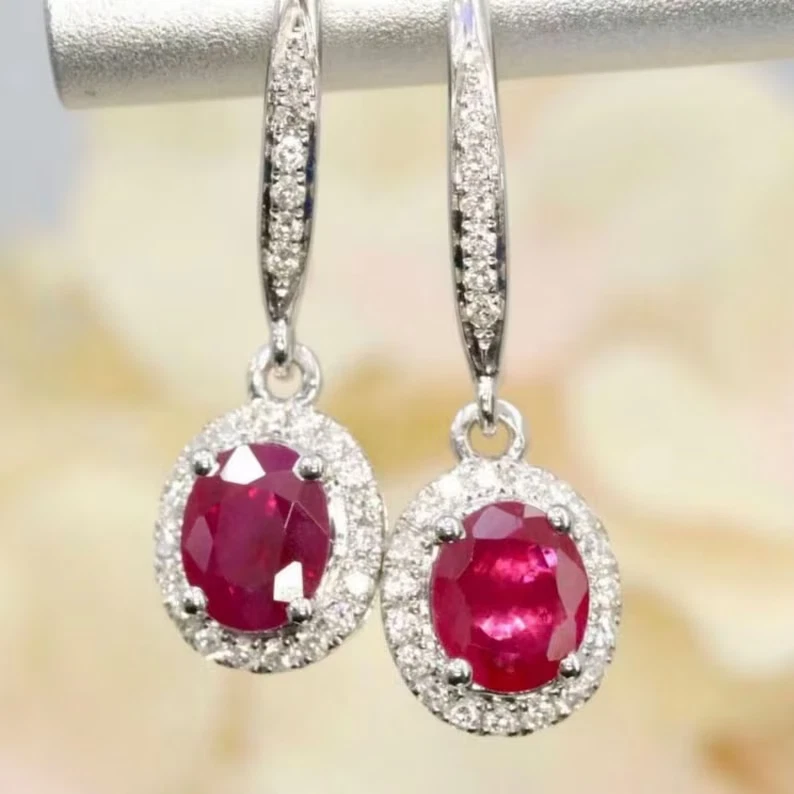 2.50CT Oval Natural Ruby & Diamond Dangle Earrings For Christmas Gift 14k Gold - Image 4 of 4