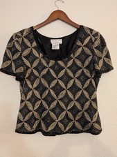 Vintage Papell Boutique Evening Silk Beaded Top Black Gold Geometric Blouse XL
