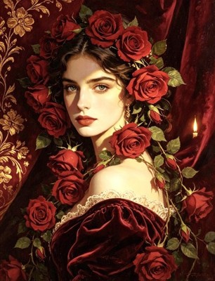 PORTRAIT EINER GLAMOURÖSEN DAME MIT ROTEN ROSEN EIN HAUCH VON GOTHIC 10x8 ZOLL DRUCK 