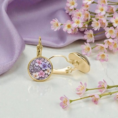 Hängende Ohrringe Ohrhänger Leverback Rund Kreis Gold Blumen Rosa Flieder Lila