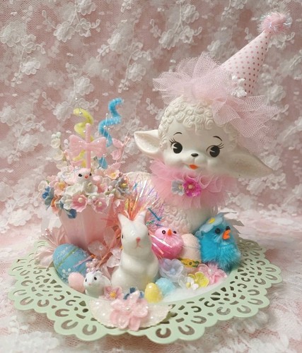 ๐๐ Carino! Vintage Dolce Primavera Pasqua Agnello Coniglietti Pulcini Pastello Assemblaggio - Foto 1 di 15