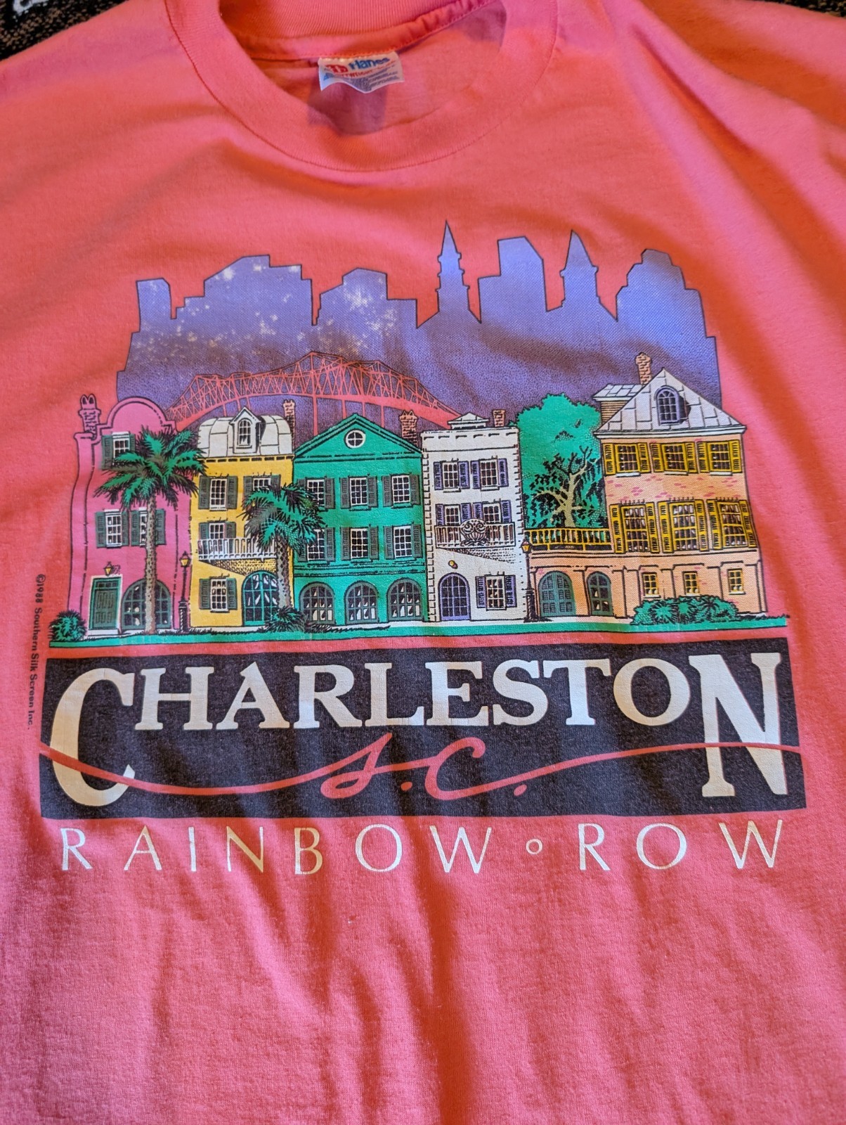 FILA Camicia Charleston Large Hanes 50 50 Rainbow Row retrò case rosa vintage 1995 L