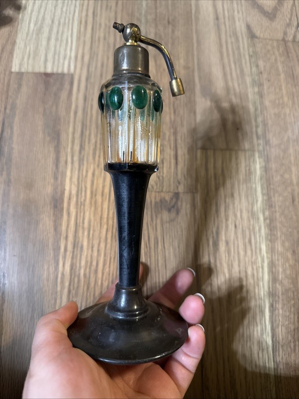 Antique 1920s Vintage JEWELED Czech CUT CRYSTAL Glass PERFUME BOTTLE Signed