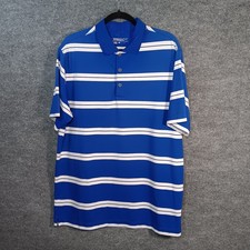 Nike Dri Fit Polo Shirt Blue Striped Stretch Golf Tour Performance Swoosh Logo
