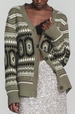 Anthropologie ALIGNE Christine Wool Blend Fair Isle Cardigan Sweater 4 Green 