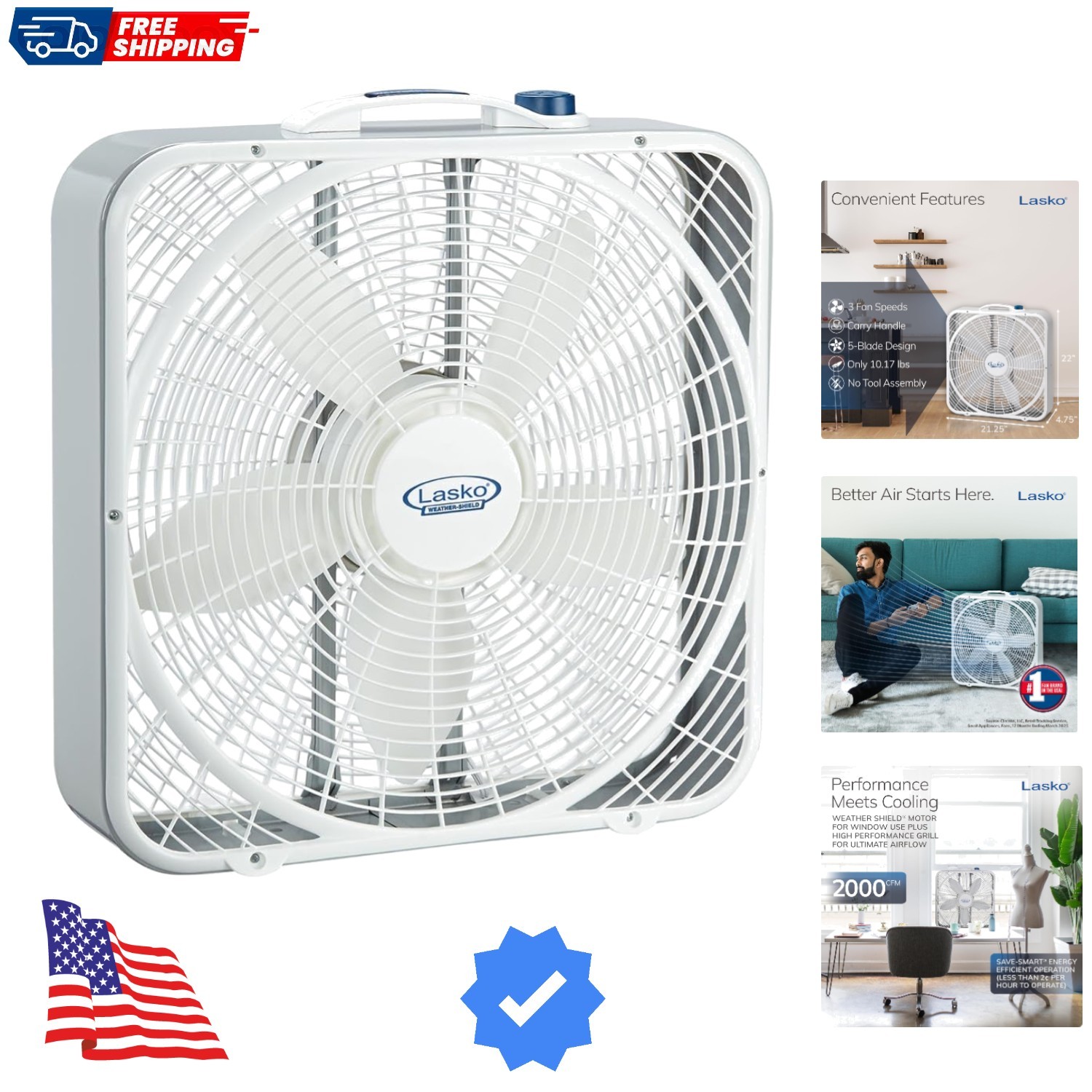 Weather-Shield Performance Box Fan, 3 Speeds, Innovative Wind Ring System for...