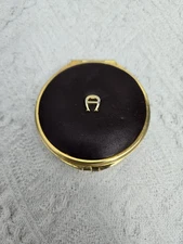 Vintage Brown Leather & Gold Tone Double Mirror Hinged Compact READ