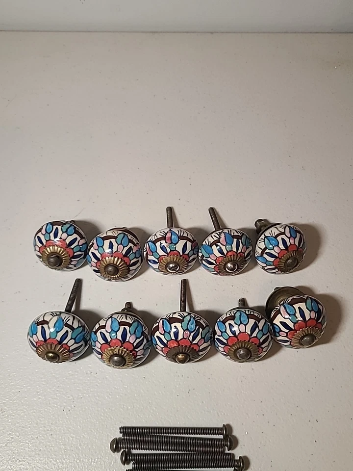 10 Antique Style Ceramic Hand Decorated Bronze Tone Drawer Pulls Knobs Vintage - Image 4 of 4
