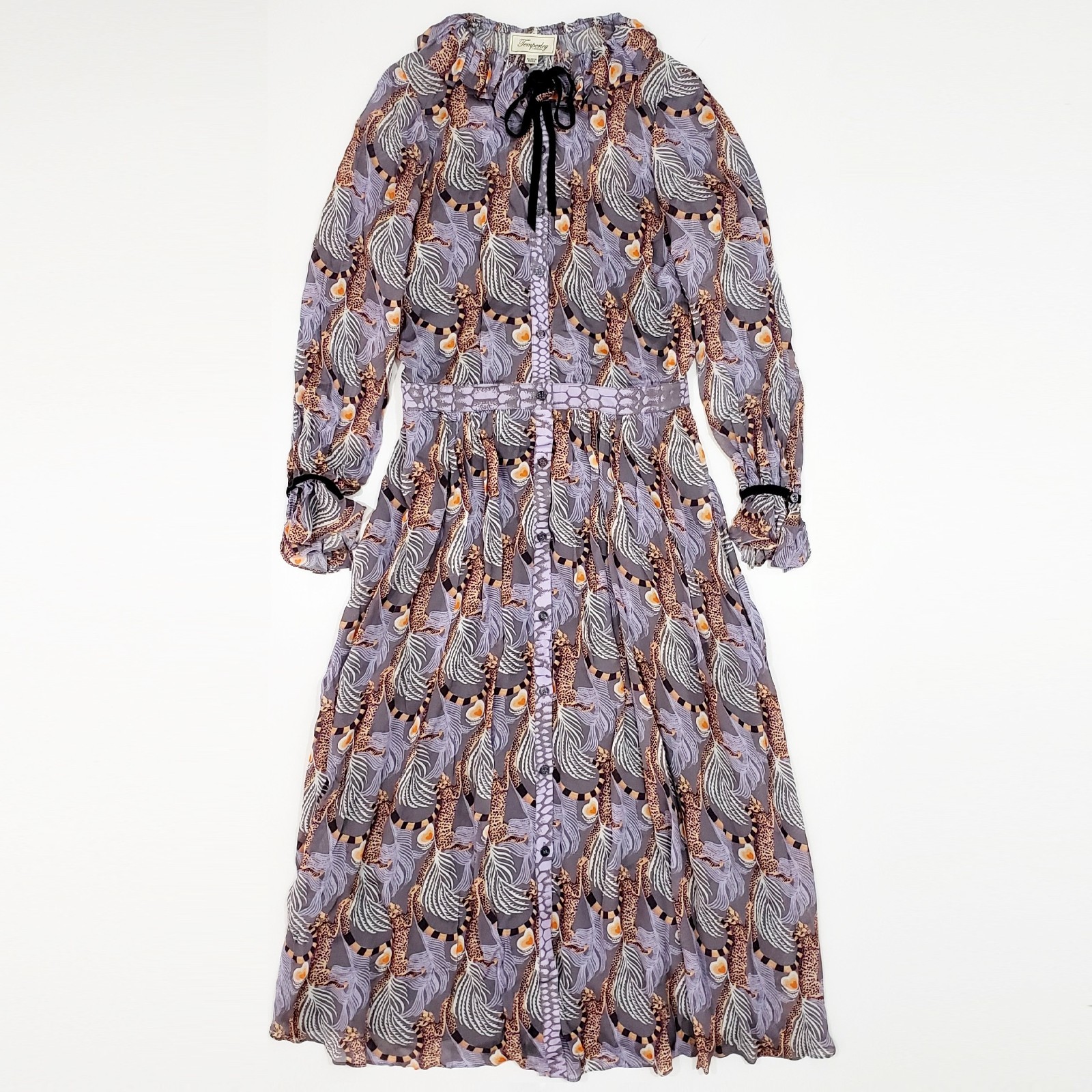 TEMPERLEY LONDON MAGGIE Cheetah Palm Heart Bow Chiffon Georgette Midi Dress Uk12 image 3