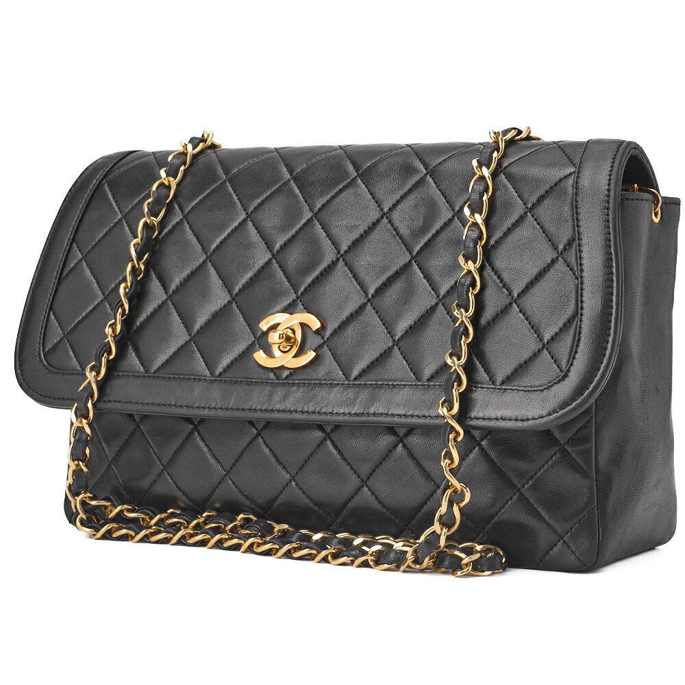 CHANEL Lambskin Matelasse Flap Shoulder Bag with Chain in Black-image