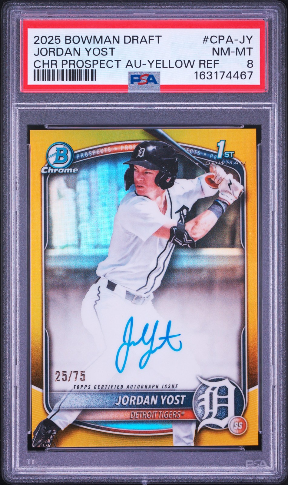 2025 BOWMAN DRAFT CHROME PROSPECT AUTO YELLOW REFRACTOR JORDAN YOST 25/75 PSA 8
