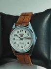Seiko Refurbished Vintage White Dial Brown Strap Men's Wrist Watch Free Shippin