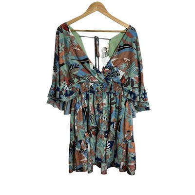 Easel Large Teal Take Me Away Floral Ruffle Mini Dress Boho Coquette NEW