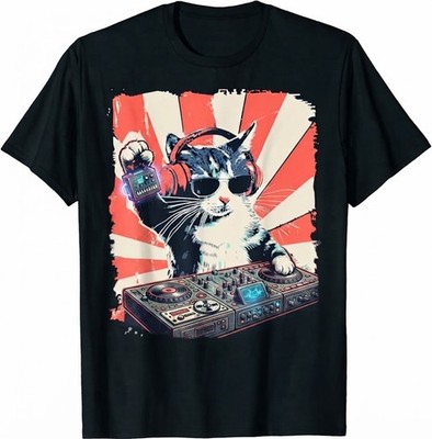 Retro DJ Cat T-Shirt, Vintage Style Cat Wearing Headphones & Sunglasses Tee