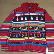 Karen Scott Holiday Cardigan Sweater Red Multicolor Embroidered Snowman Zip M