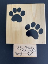Lot Of 2: Large Dog Paw Prints Bone Woof Border Wood Mounted Rubber Stamps