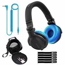 Pioneer DJ HDJ-CUE1BT Black Wireless Bluetooth Headphones, Blue Ear Pads Case