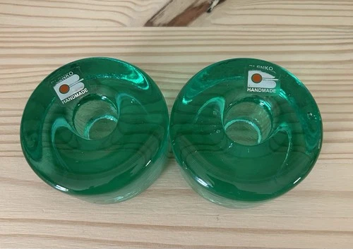 Pair Of Two Blenko Green Glass Candle Holders with Big B Stickers Handmade