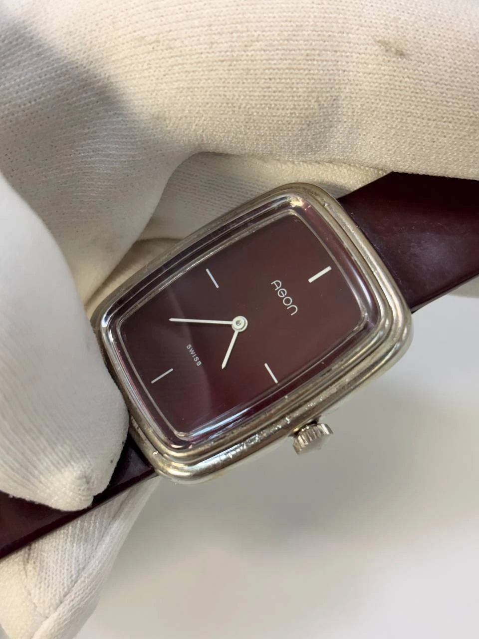 Vintage 1970s Agon Swiss Burgundy Dial TV Case Manual Wind Watch 31x37mm Tank image 6