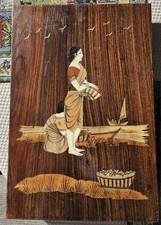 Vintage Wood Marquetry Inlay Picture Indian Woman with Birds and Fish 14 x9.5