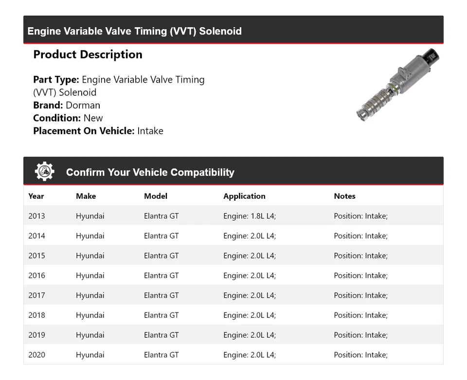 Para Hyundai Elantra GT 2013-2020 motor Dorman VVT admisión de solenoide 2014 2015 Foto 2 de 4