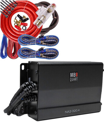 MB Quart NA2-320.4 Compact 4 Channel 320W Powersports Amplifier + 4 CH Amp Kit 