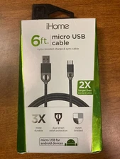iHome 6ft micro USB Nylon Braided Charge & Sync Cable Android LG Samsung HTC 