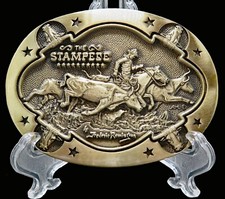The Stampede Frederic Remington Cowboy Cattle Drive Vintage Belt Buckle