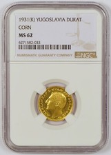 1931-K Yugoslavia Dukat Gold Coin with Corn Countermark, Graded MS62 by NGC