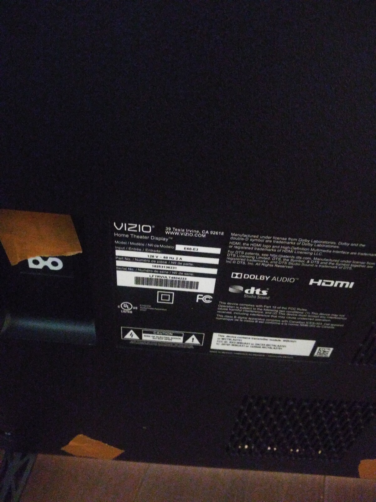 Vizio E60E3 Main Board Y8387936S 0160CAP0DE01 **LFTRVULT Serial Number